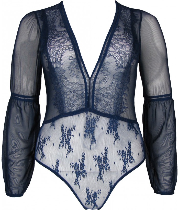 Blue Bodysuit Plunging Sheer Lace Full Sleeve | Discreet Tiger