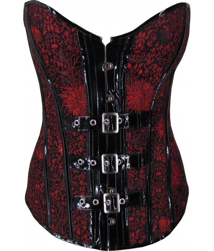 Black Corset With Red Floral And PVC Trim | Discreet Tiger
