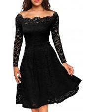 Black Dress Stretch Lace Long Sleeve Off the Shoulder