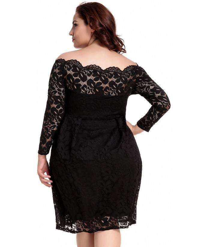 Black Dress Stretch Lace Long Sleeve Off the Shoulder | Discreet Tiger