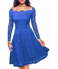 Blue Dress Stretch Lace Long Sleeve Off the Shoulder