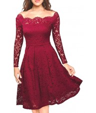 Red Dress Stretch Lace Long Sleeve Off the Shoulder
