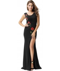 Elegant Long Black Dress Thigh High Split and Rose Embroidery 