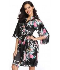 Black Satin Robe With Peacocks & Cherry Blossoms