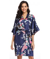 Navy Blue Satin Robe With Peacocks & Cherry Blossoms