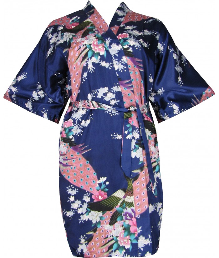 Navy Blue Satin Robe With Peacocks & Cherry Blossoms | Discreet Tiger