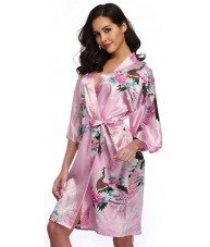 Pink Satin Robe With Peacocks & Cherry Blossoms