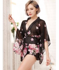 Short Black Kimono Robe With Cherry Blossoms