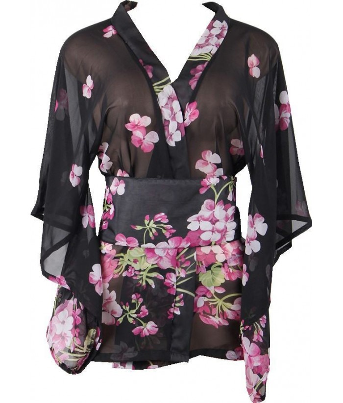 Short Black Kimono Robe With Cherry Blossoms Discreet Tiger