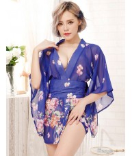 Short Blue Kimono Robe With Cherry Blossoms