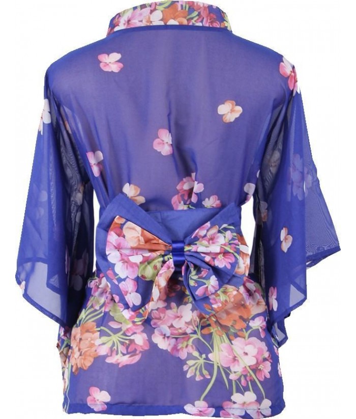 Short Blue Kimono Robe With Cherry Blossoms Discreet Tiger